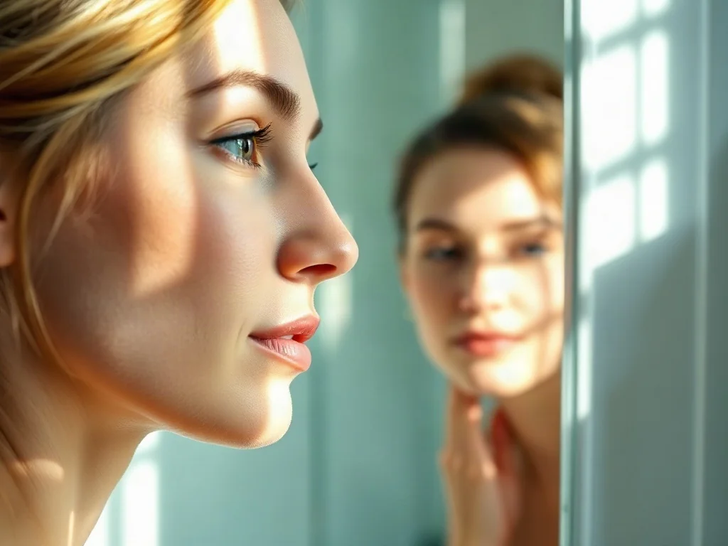 Kobieta o promiennej i zdrowej cerze przeglądająca się w lustrze w jasnej, minimalistycznej łazience.
