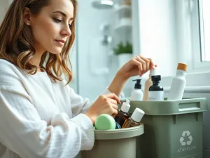 Świeże liście wąkrotki azjatyckiej na drewnianym stole obok buteleczki z serum, podkreślające naturalne właściwości rośliny.