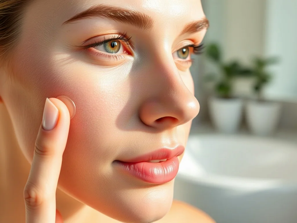 Kobieta delikatnie wklepuje rozświetlające serum w skórę twarzy w jasnej, minimalistycznej łazience.