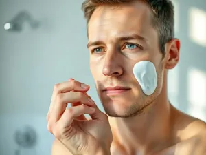 Kobieta delikatnie wklepuje rozświetlające serum w skórę twarzy w jasnej, minimalistycznej łazience.
