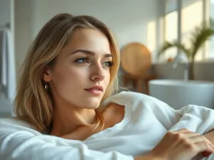 Kobieta w białym ręczniku i maseczce na twarzy relaksuje się w luksusowej łazience podczas rytuału typu „everything shower”.